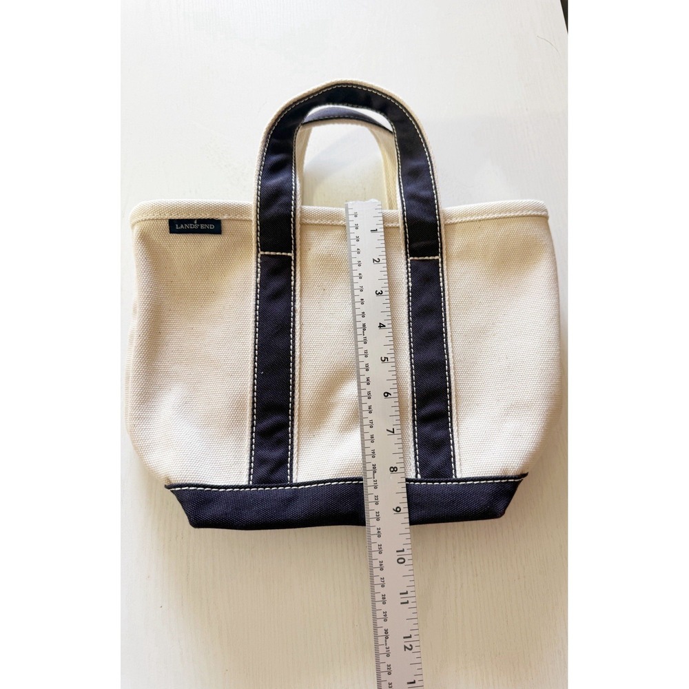 Land's End Small Canvas Tote Bag. White With Blue Stripes. 9" Tall. - Picture 5 of 11